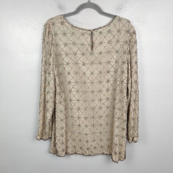 Vintage Cynthia Taylor Silk Beaded Top Womens Large Champagne Grid Pattern FLAW - Picture 6 of 10